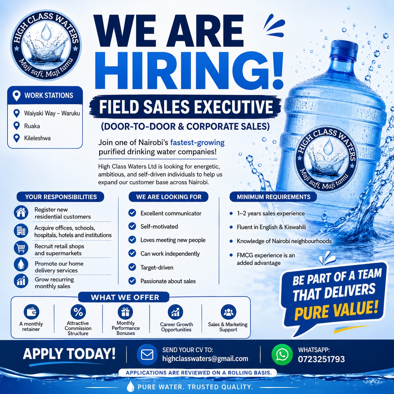 High Class Waters hiring poster — Field Sales Executive, door-to-door and corporate sales